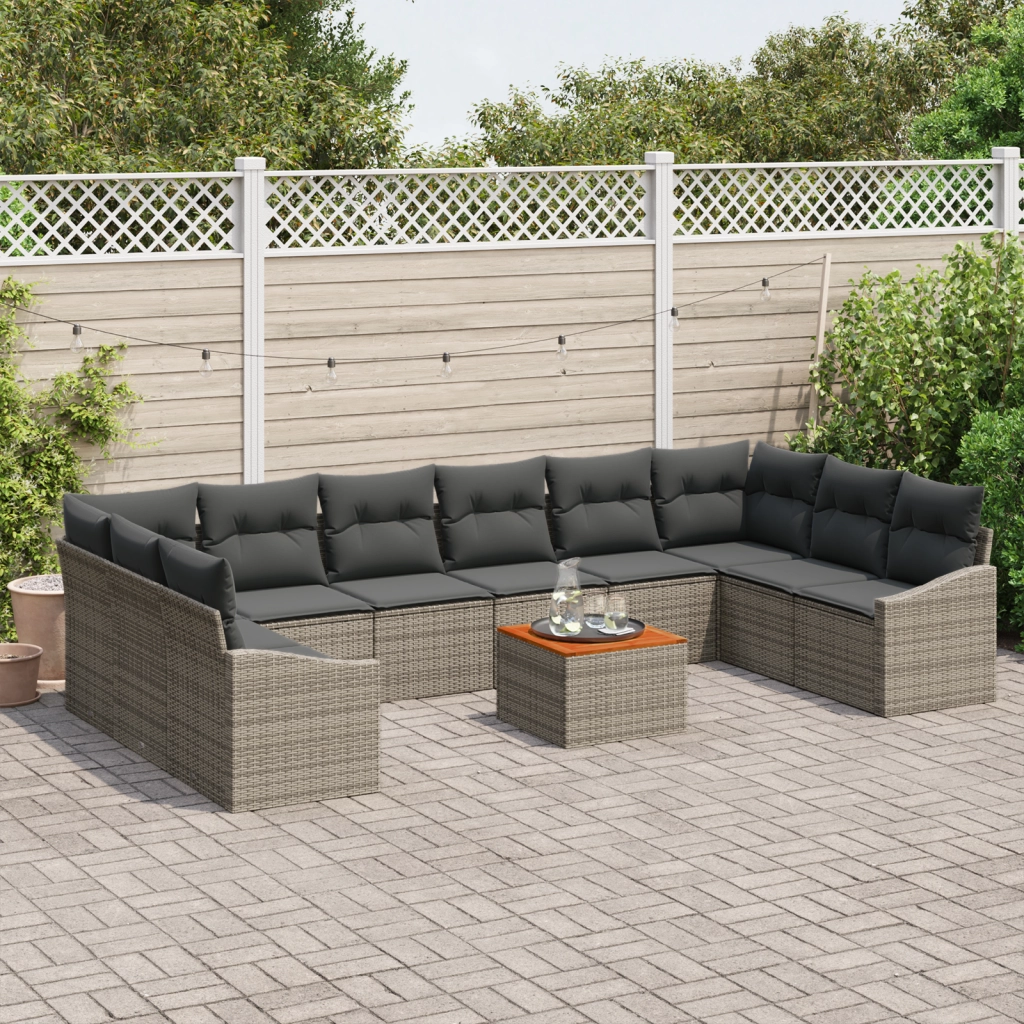 Set Divano da Giardino 11 Pezzi con Cuscini Grigio Rattan Plastico Acacia