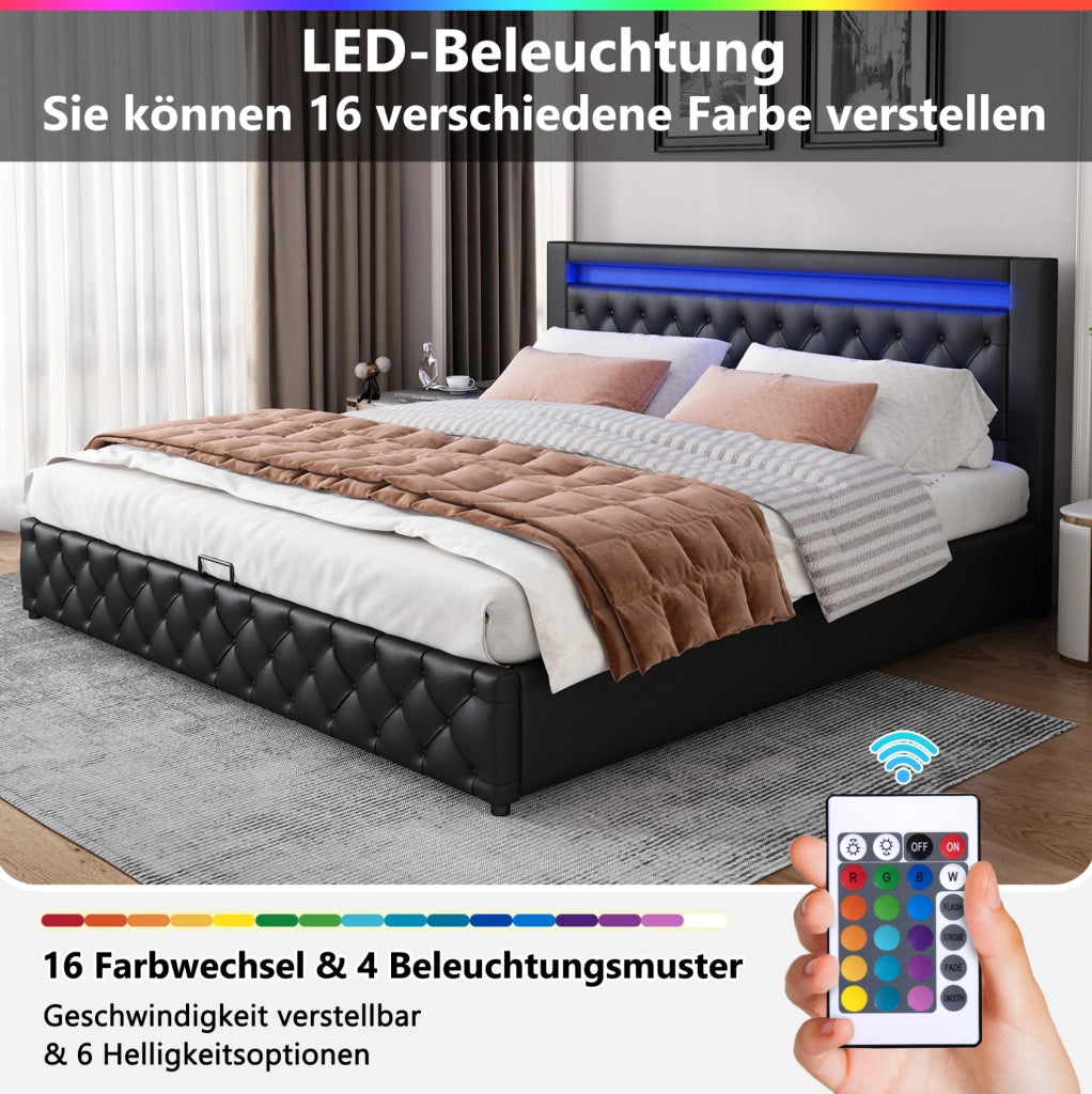 Letto matrimoniale imbottito 160x200 cm con LED e contenitore
