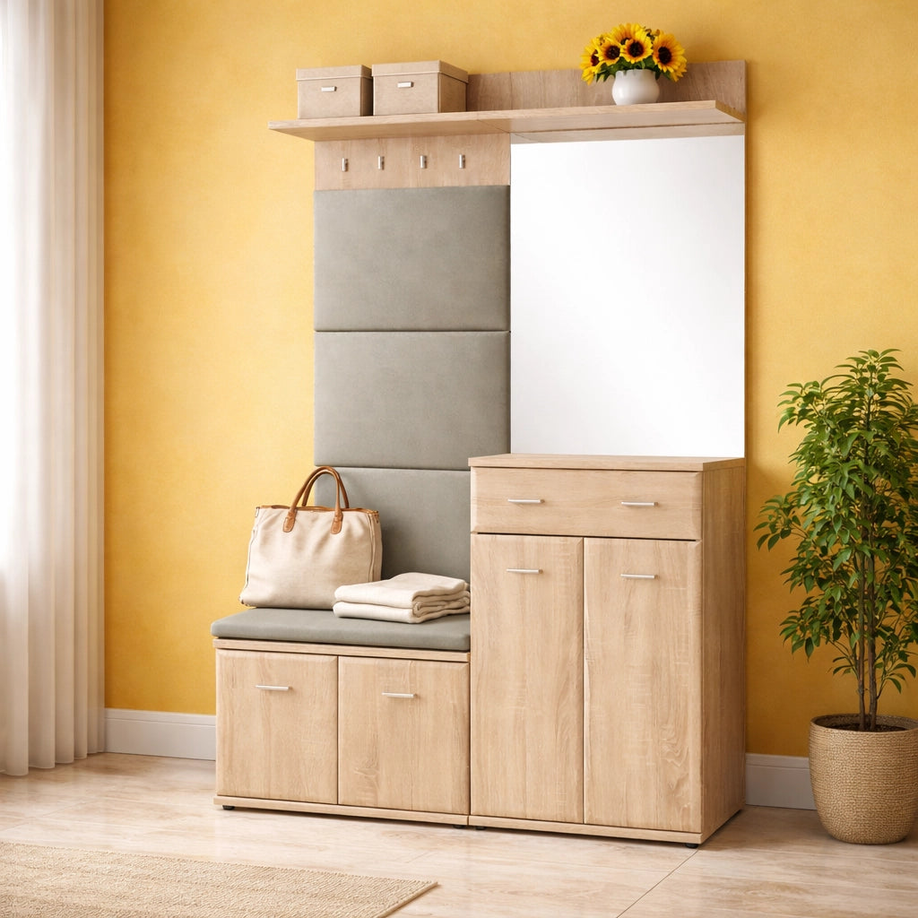 Mobile Ingresso Scarpiera Appendiabiti Imbottito Set Entrata Anta Specchio Vani Guardaroba Ganci Mobiletto Contenitore Multifunzione Salvaspazio Corridoio Casa Design Moderno 120 x 32 x 203 Cm Rovere