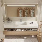 Set mobile bagno sospeso effetto travertino con lavabo in pietra sinterizzata e specchio foro per rubinetto 120×55 cm