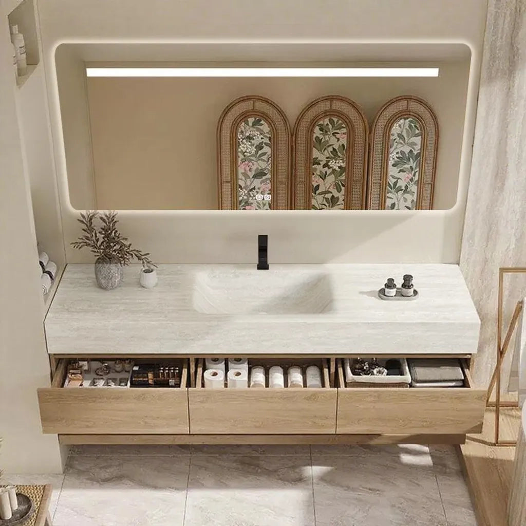Set mobile bagno sospeso effetto travertino con lavabo in pietra sinterizzata e specchio foro per rubinetto 120×55 cm