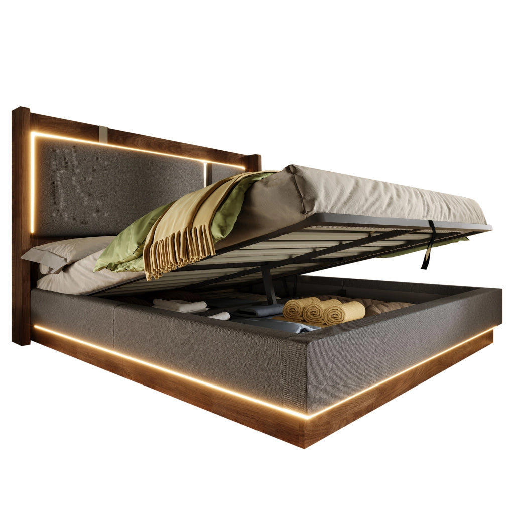 Letto matrimoniale 160x200 con rete a doghe, contenitore, LED e struttura idraulica in grigio e noce