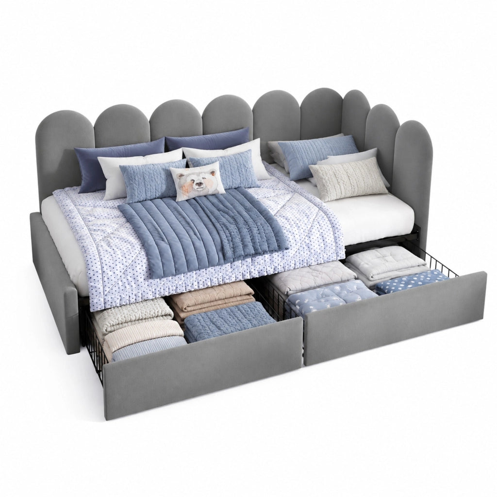 Letto singolo imbottito 90x200 cm in velluto grigio con 2 cassetti, rete a doghe e schienale