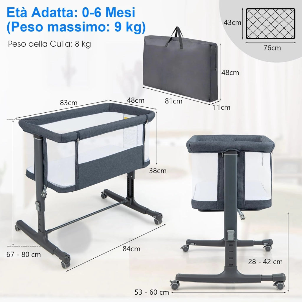 3 in 1 Culla Neonato Fianco Letto, Lettino Neonato Dondolo con Materasso, Culla Co-Sleeping Fino a 9 kg, Altezza Regolabili, Inclinazione di 10°, 84 x 59,5 x 80,5cm (Grigio Scuro)