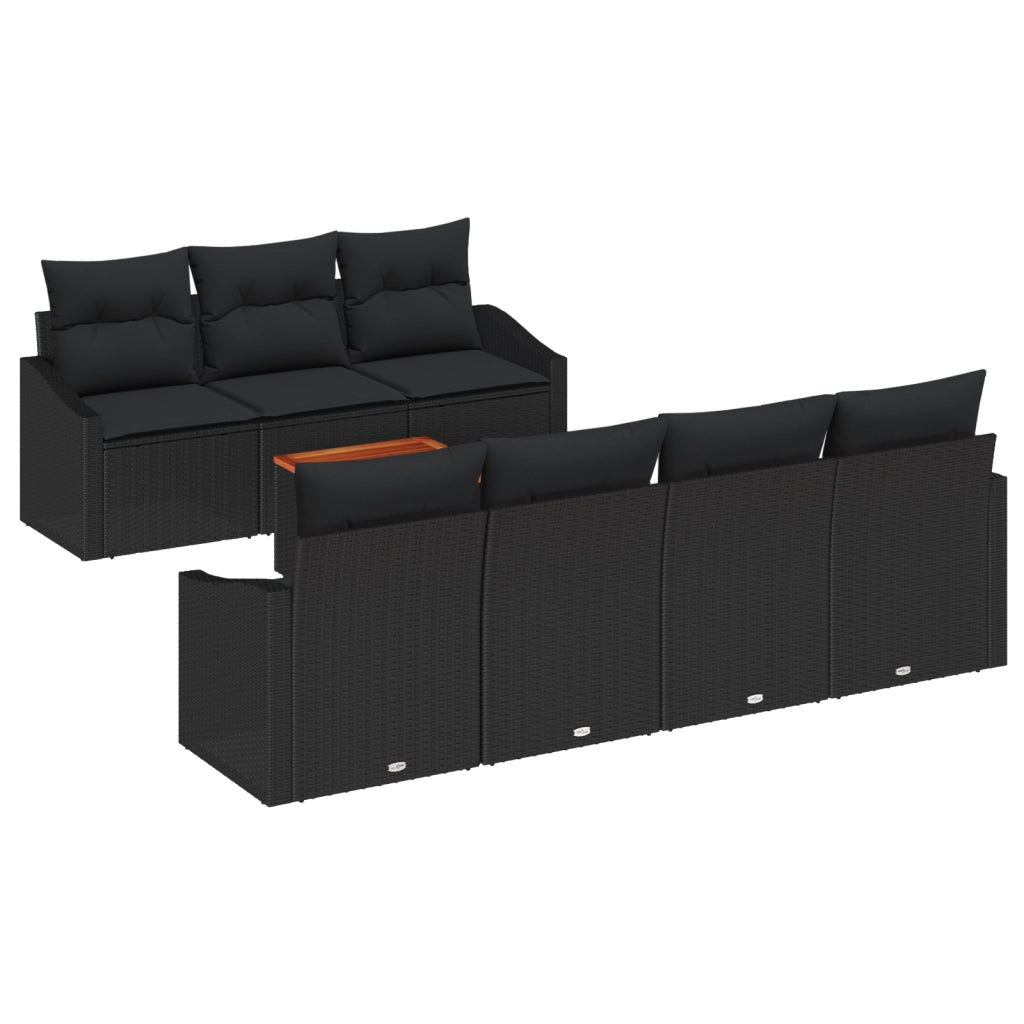 Set di Divani da Giardino 8 Pezzi con Cuscini Nero Polyrattan Acacia