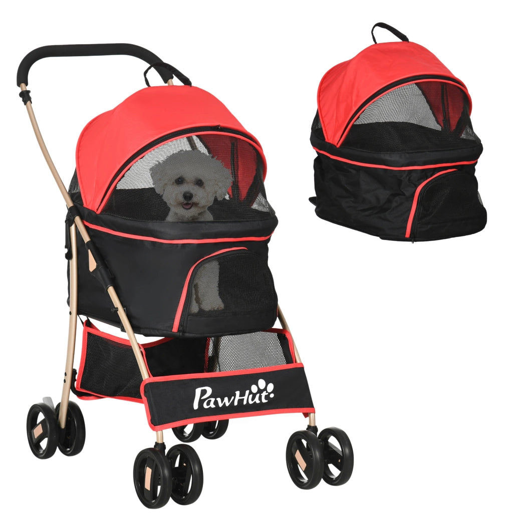 Passeggino per Cani Convertibile con 2 Guinzagli e Cuscino, in Acciaio e Poliestere, 82x49.5x98 cm, Rosso e Nero
