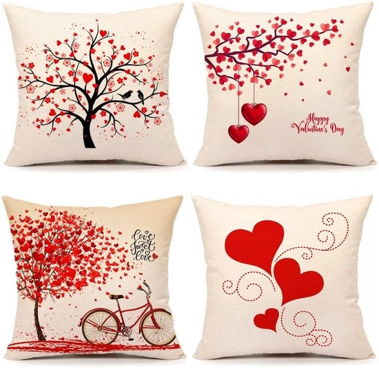 Set di quattro cuscini copri per San Valentino, 45x45 cm, cuscino decorativo a forma di cuore rosso per casa, copri cuscino per divano, lino a poliestere.