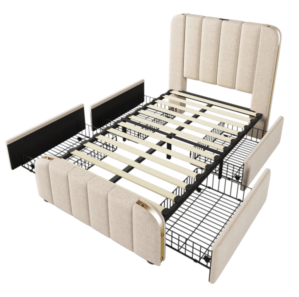 Letto singolo imbottito 90x200 cm con USB e USB C; 4 cassetti; lino beige