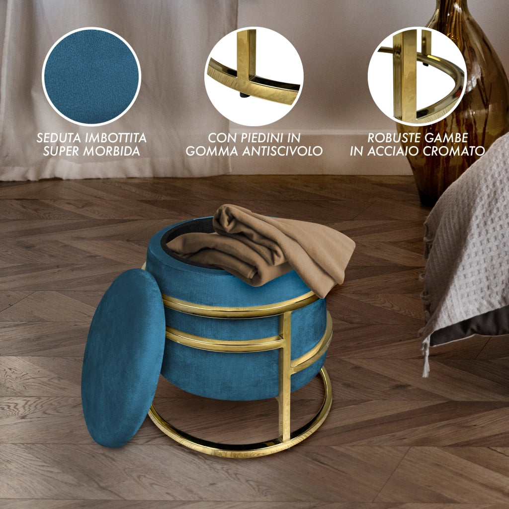 Pouf Contenitore Poggiapiedi Velluto Con Struttura Circolare Cromata Oro Elegante Imbottito Sgabello Per Toeletta Mobile Trucco Ottomano Ingresso Camera Da Letto Rotondo - Petrolio
