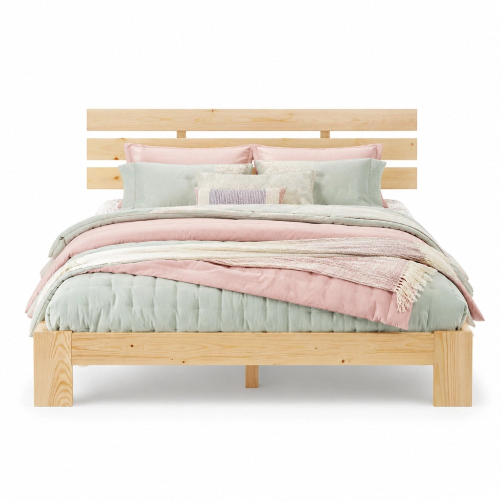 Letto matrimoniale in legno massello 140x200 cm con rete a doghe, colore naturale