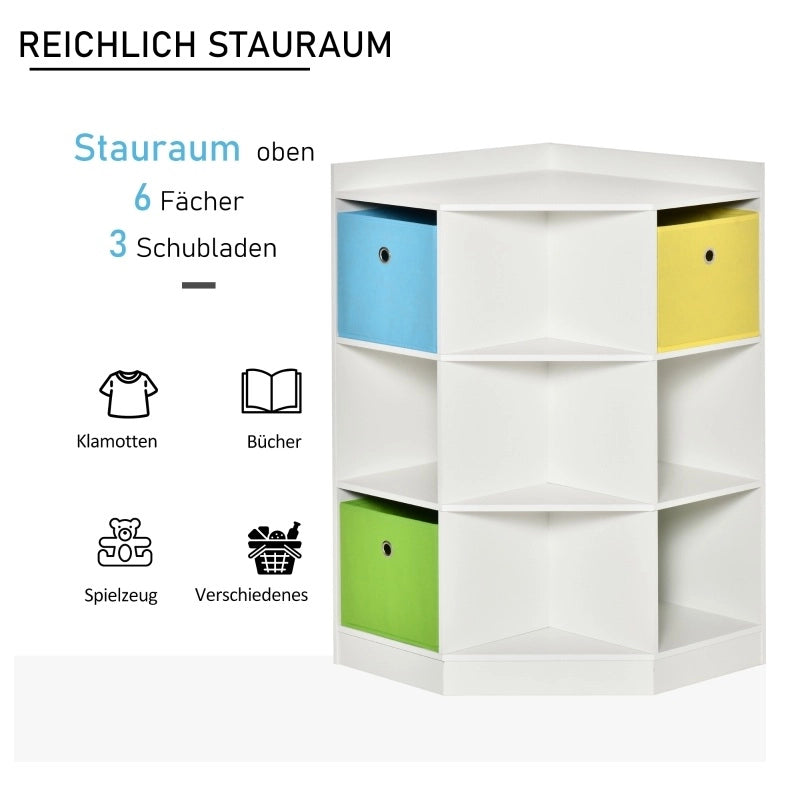 Scaffale angolare per cameretta con 9 vani e 3 cassetti bianchi