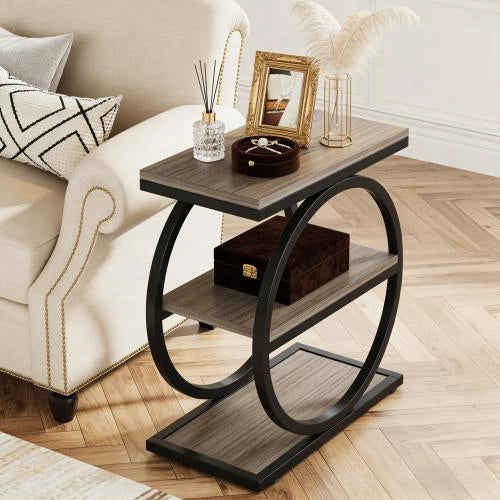 Tavolino basso a 3 ripiani in MDF e metallo, stile industriale, salvaspazio per soggiorno e camera da letto, nero grigio