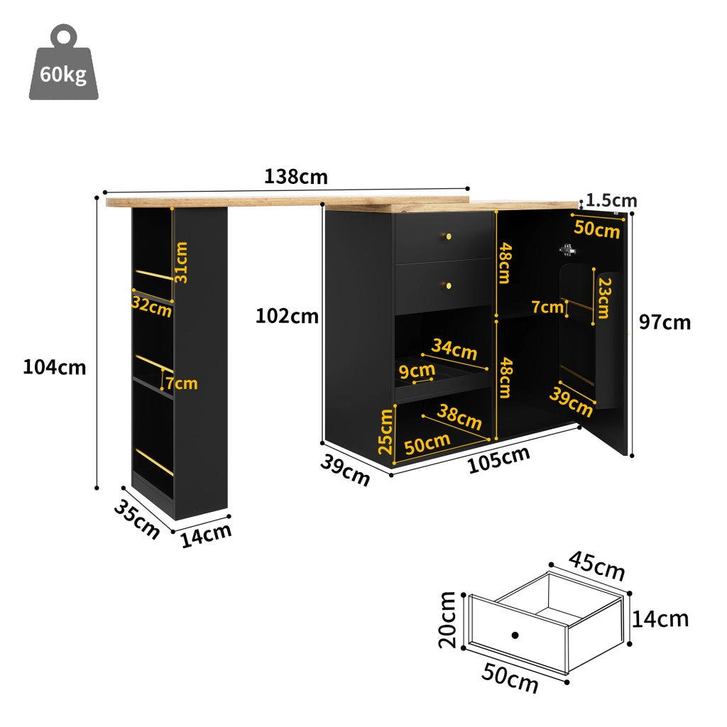 OKWISH Mobile Bar Girevole con 4 Cassetti e 3 Ripiani Aperti, Contenitore Rotante a 360°, per Soggiorno o Studio, MDF, Nero