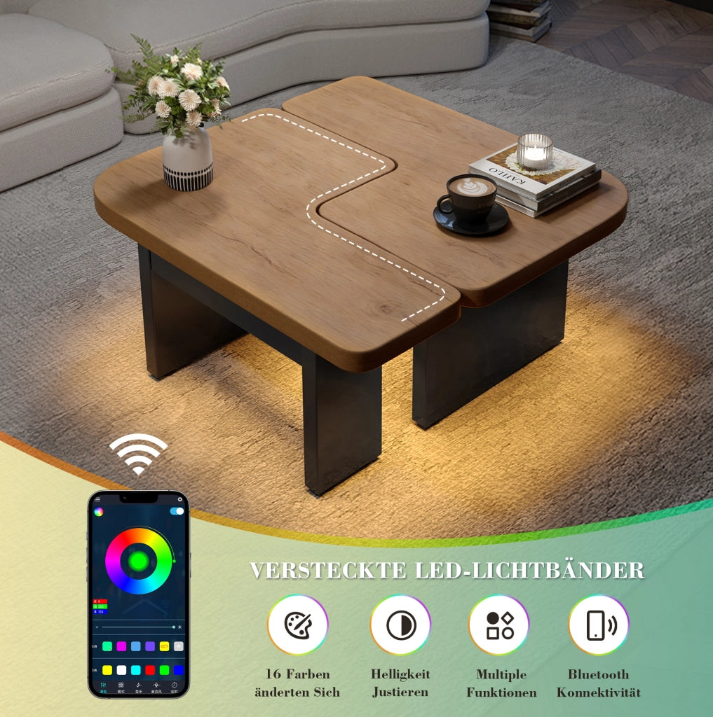 Tavolino da caff猫 2 in 1 con LED; 90 x 60 x 44;5 cm; in MDF effetto legno naturale e nero