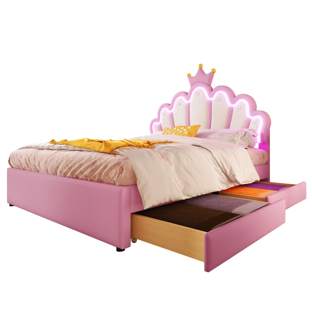 OKWISH Letto Bambini 140×200 cm, Letto Matrimoniale con LED Regolabile, 2 Cassetti e Testiera Regolabile, senza Materasso, in PU, Rosa