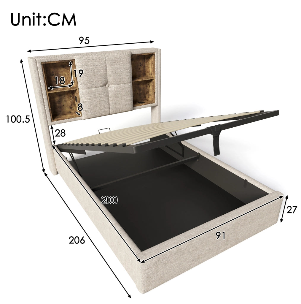 Letto singolo imbottito 90x200 cm in lino naturale con ricarica wireless; USB e contenitore