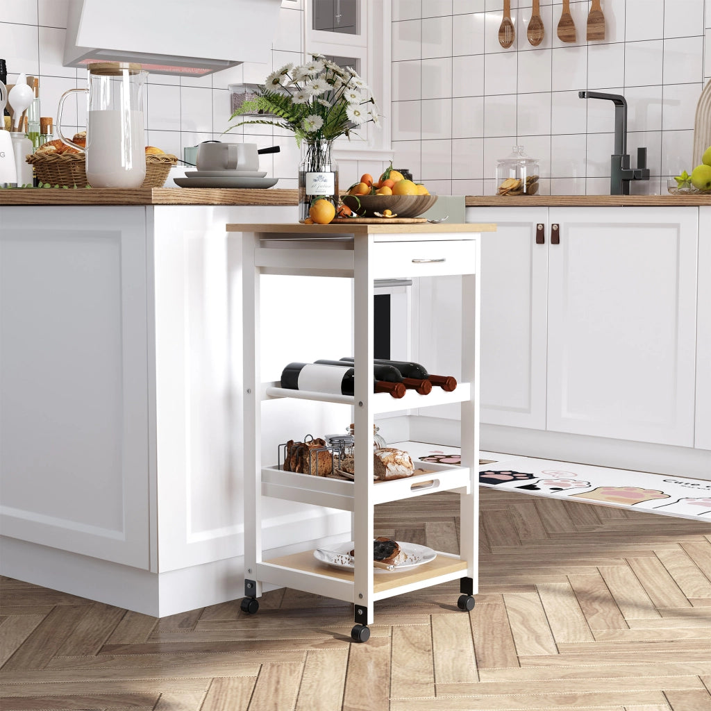 Carrello da cucina con ruote 2 ripiani + vassoio amovibile + cassetto ¨C zephmum ¨C legno di pino bianco quercia chiaro