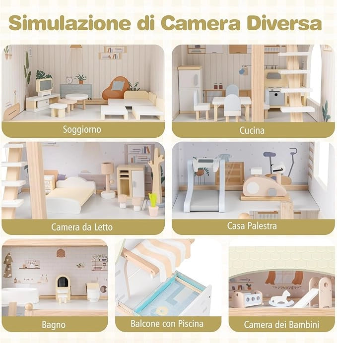Casa delle Bambole in Legno, Casa Bambole con 4 Piani, 6 Stanze, Terrazza, Piscina e Scale, Casetta Giocattolo Educativo con 33 Mobili Accessori, per Bambini 3+ Anni, 63 x 25 x 78 cm