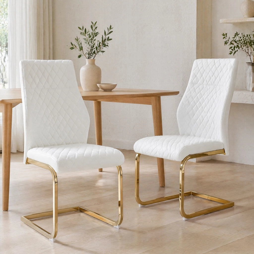 SEDIA da pranzo schienale alto 100 cm in PU bianco e metallo oro, set da 2 pezzi