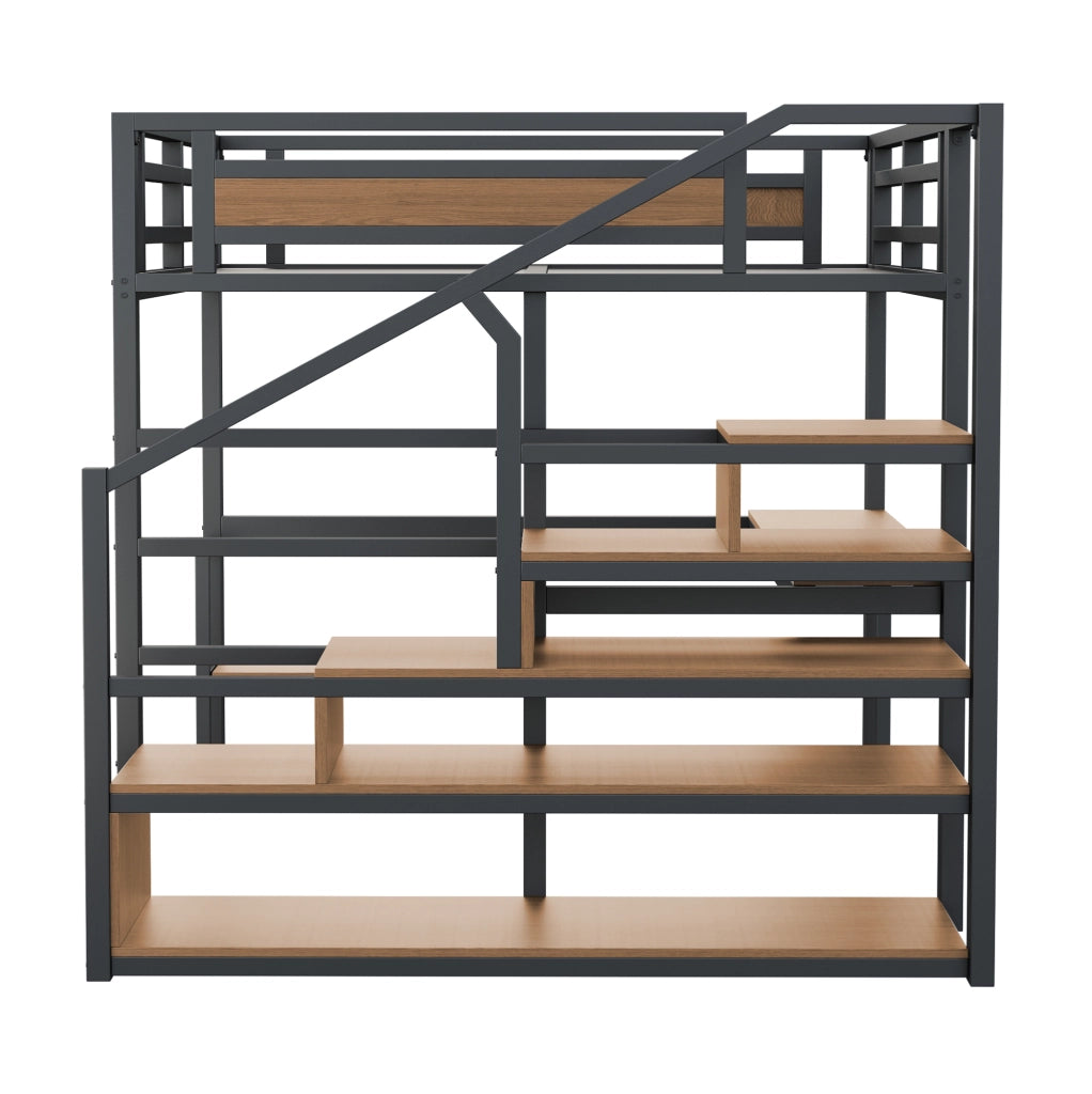 Letto a soppalco in metallo 140x200 cm nero con scrivania; ripiani e scala contenitiva