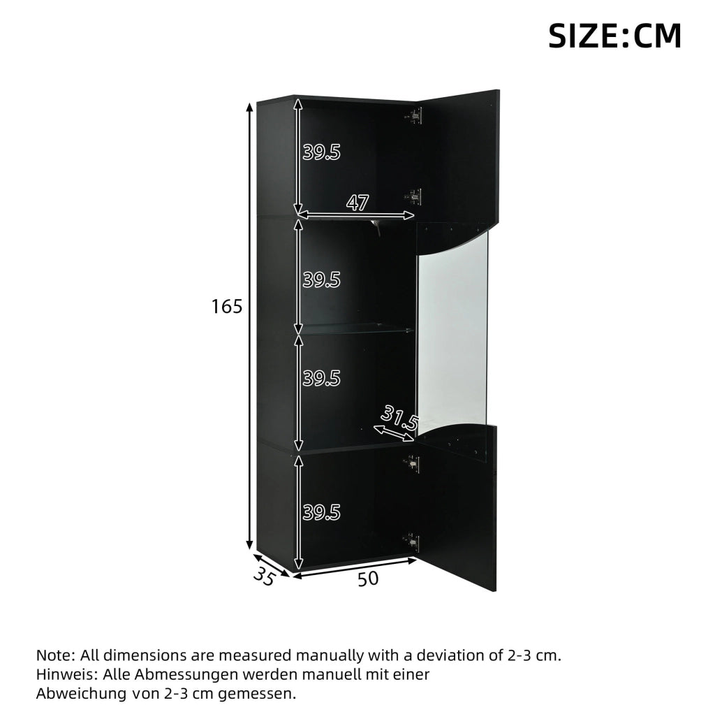 Vetrina alta e stretta 35x50x165 cm in truciolare nero lucido con LED e vetro temperato