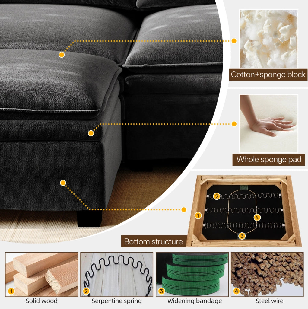 Divano modulare ULEVR 315 cm a L in ciniglia nera con pouf, ricarica wireless, altoparlanti Bluetooth e luce