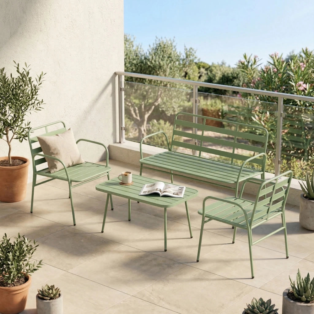 Set Giardino 4 Pezzi ¨C Divano Esterno in Metallo con Doghe ¨C Zephmum ¨C Verde