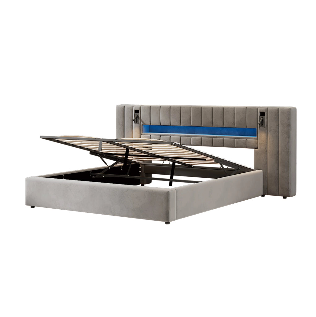 Letto imbottito 180x200 cm con USB; LED; contenitore; velluto grigio