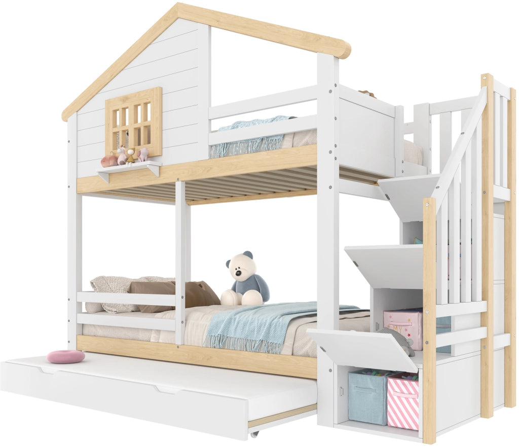 Letto a castello 90x200 con letto estraibile e scala contenitore