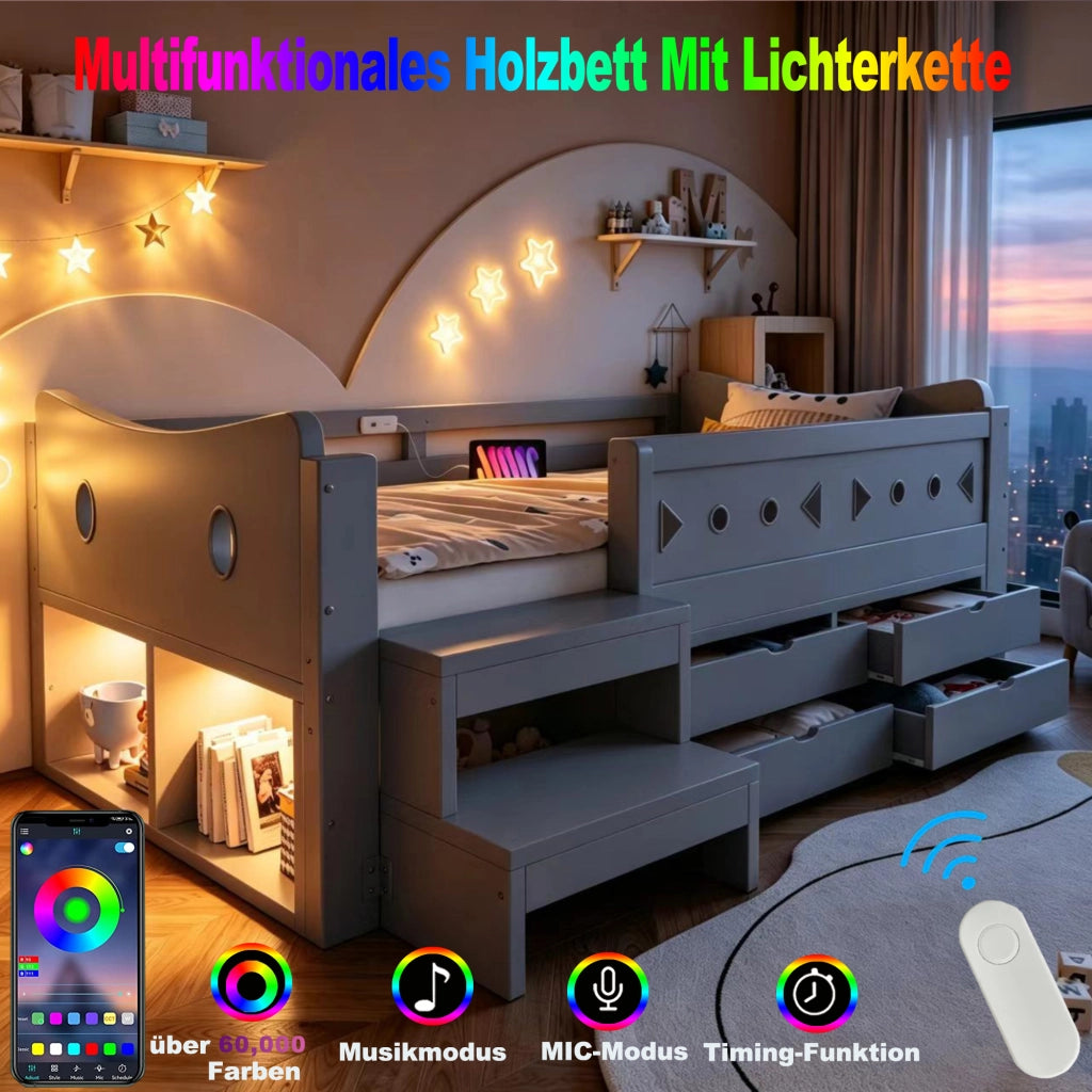 Letto singolo per bambini 90x200 cm con cassetti; testiera portaoggetti; sponda; LED; USB e USB-C; legno grigio