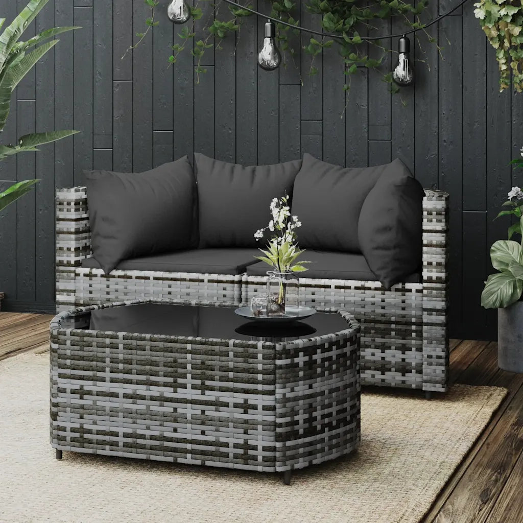 Set Divani da Giardino 3 pz | Set Salotto da Giardino con Cuscini in Polyrattan Grigio
