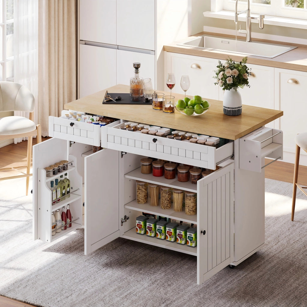 Isola cucina moderna con piano ribaltabile, 2 cassetti, mobile su ruote con ripiani e porta spezie, bianco/naturale, 137 x 89,5 x 45 cm