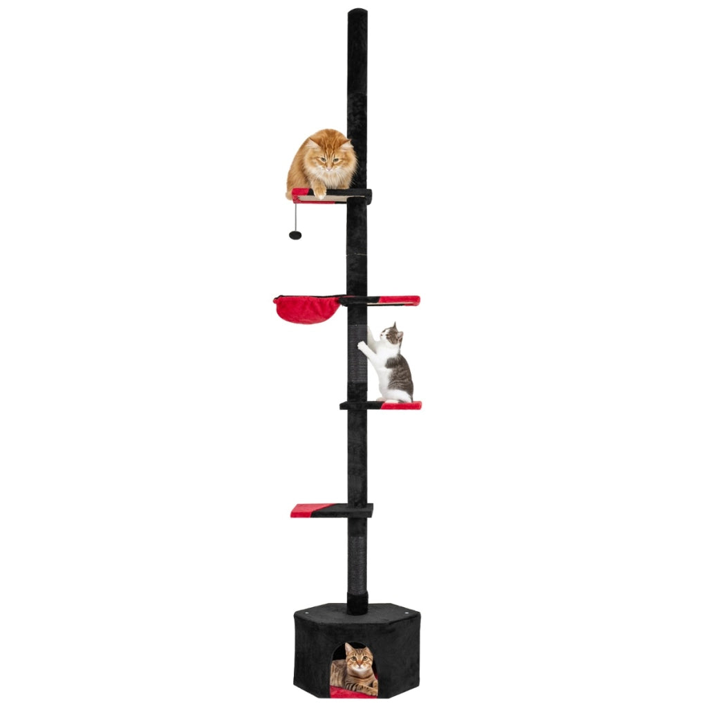 Albero per gatti da pavimento a soffitto regolabile 245-300 cm, Albero per gatti torre a 5 livelli con condo Nero-Alberi Tiragraffi
