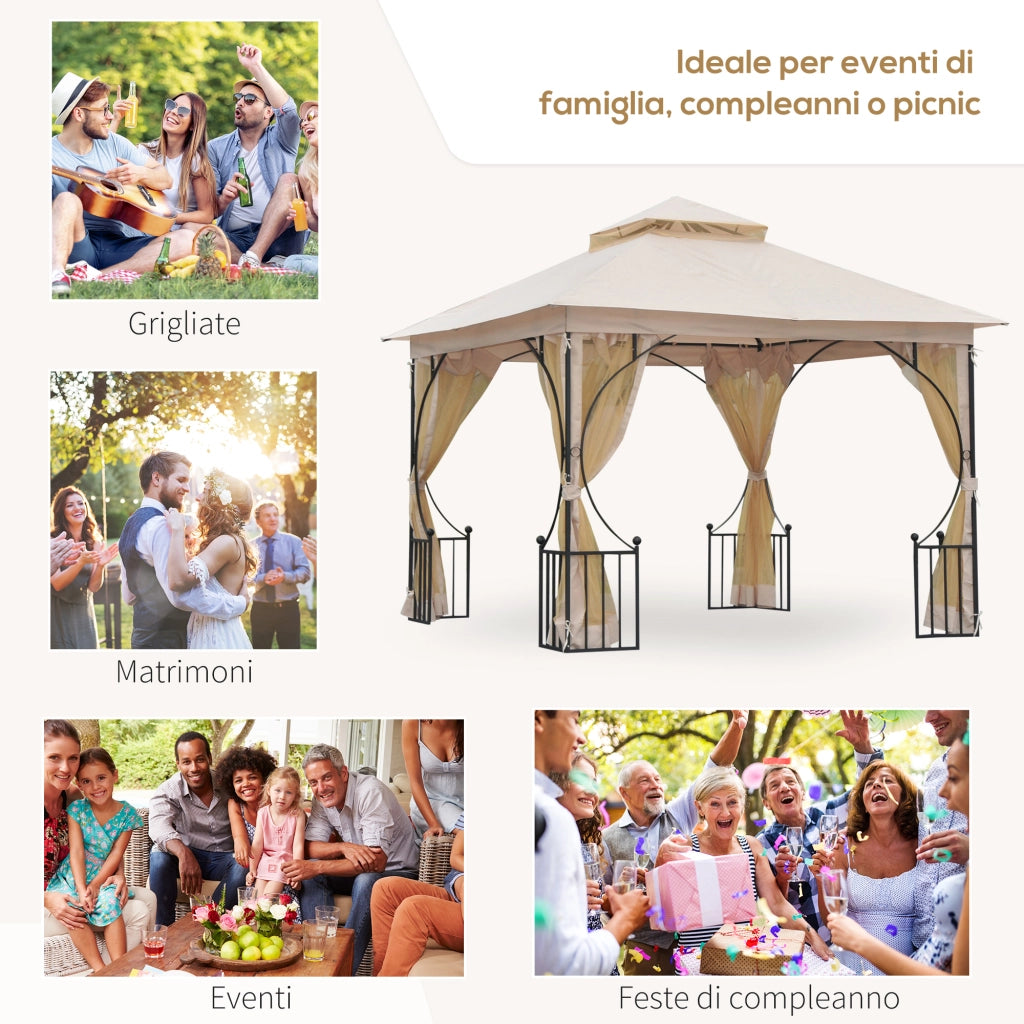 Gazebo per Esterno 3x3m, Gazebo Personalizzato con Pareti Laterali e Doppio Tettuccio in Poliestere, Beige