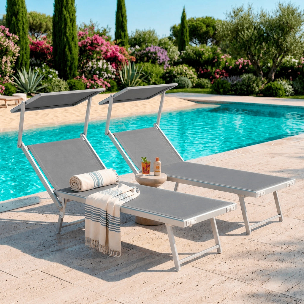 Coppia Di Lettini Grigio Prendisole Pieghevole Professionale In Alluminio Tettuccio Orientabile Tettino Parasole Sdraio Lettino Prendi Sole Mare Spiaggia Piscina Giardino 182 x 60 x 38 cm
