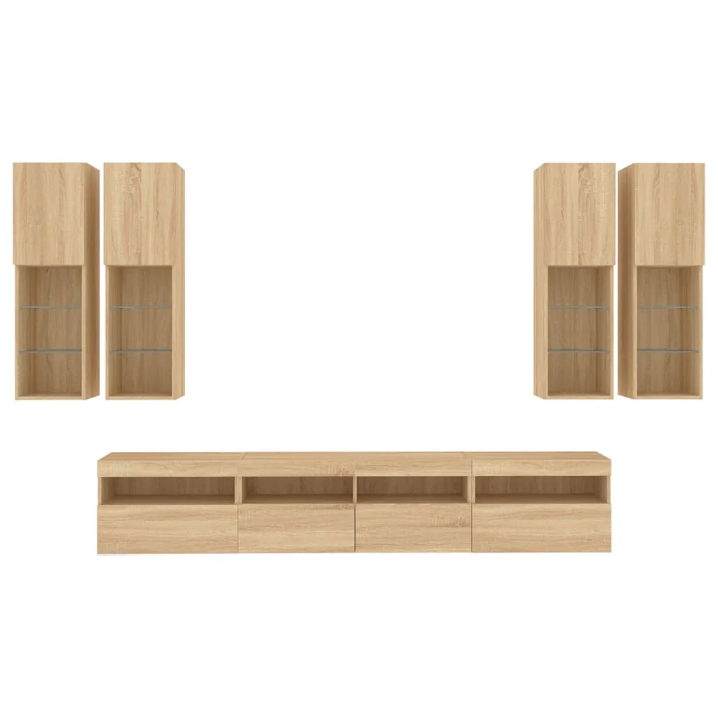 Set di mobili credenza TV soggiorno camera da letto parete soggiorno x 7 pezzi e luci LED rovere sonoma marrone 02_0025373