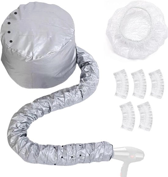 Accessorio per asciugacapelli con cappuccio - cinque cuffie per asciugacapelli - cappuccio estraibile - stazione per pettinare - trattamento di profondità