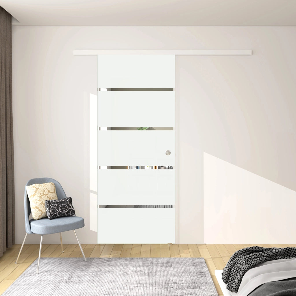 Porta Scorrevole Interna 97x215 cm in Vetro Temperato da 8 mm Opaco con Fasce Bianche Serigrafate Binario Alluminio Bianco