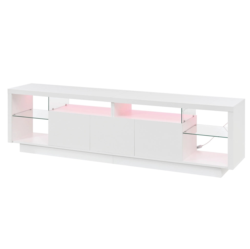 Mobile TV 200x38x55 cm con ante lucide; LED multicolore da app; in truciolare bianco