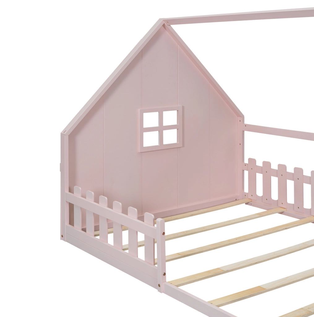 Letto per bambini a casetta rosa 140x200 cm in legno di pino con sponde