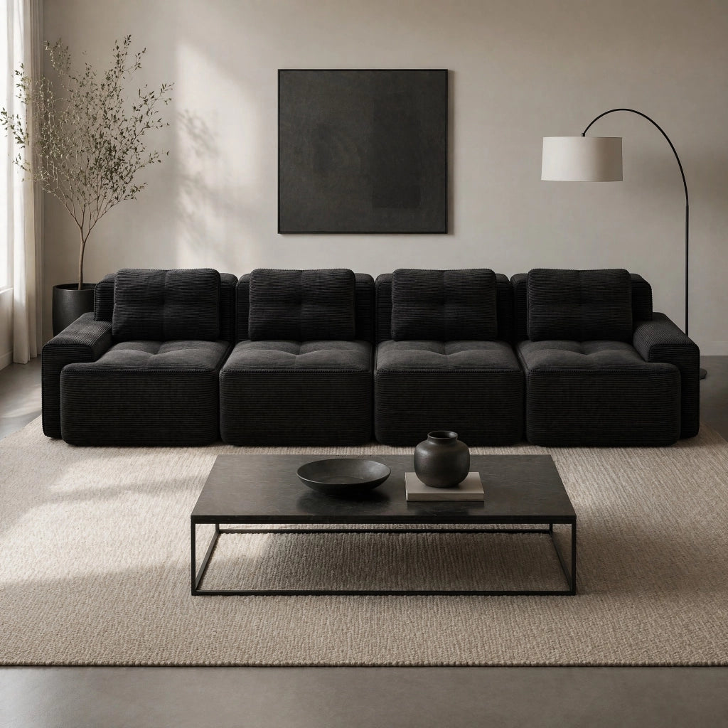 Divano modulare senza montaggio 382x104x69 cm in velluto a coste nero con seduta profonda
