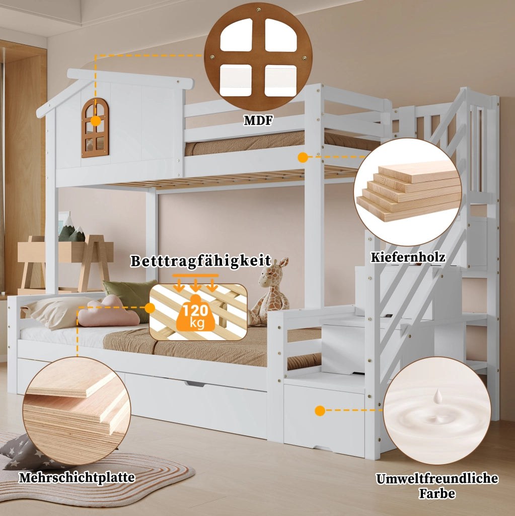 Letto a castello per bambini 90x200 e 120x200 cm con 2 cassetti; pino e MDF bianco naturale