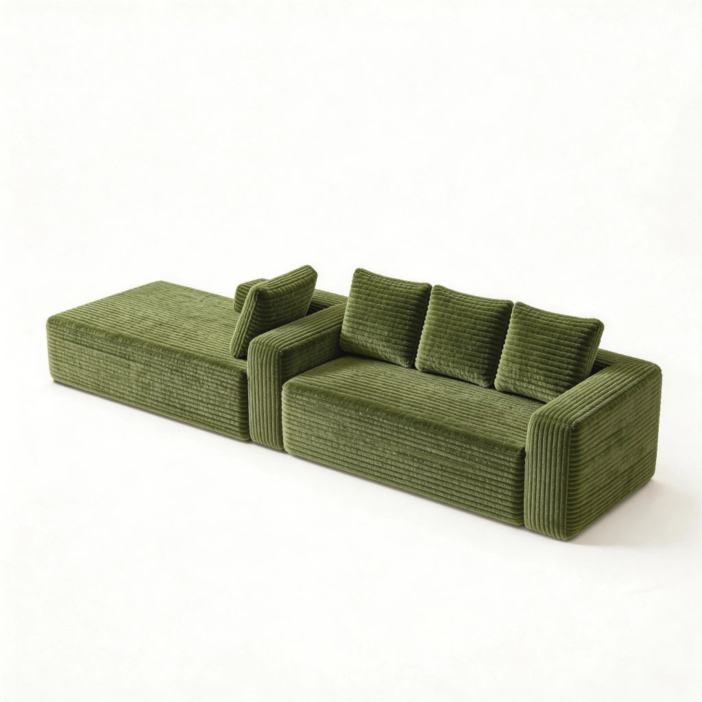 Divano Angolare con Chaise Longue ¨C Xylo ¨C Verde, Velluto a Coste, Penisola Destra