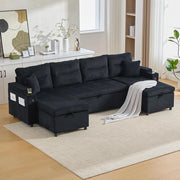 Divano moderno in velluto per 4 persone - Xylo - Chaise longue, spazio di archiviazione, porta bevande, porte USB, funzione letto, Nero