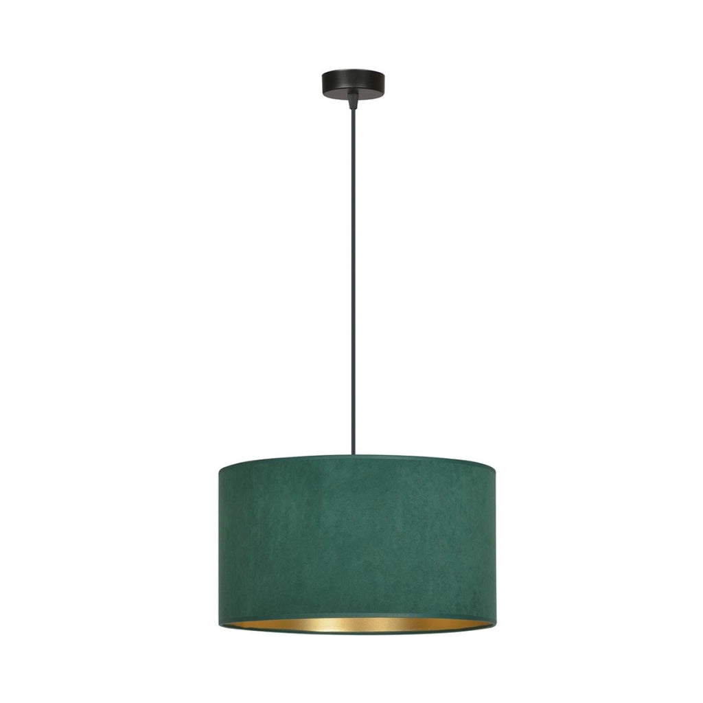 Lampada a sospensione HILDE con paralume in velluto verde e interno oro