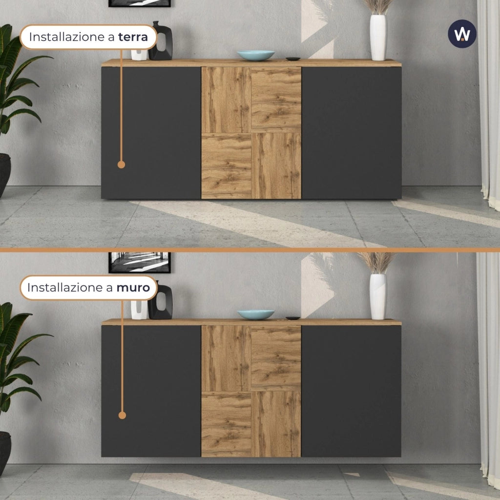 WHOUS Credenza sospesa Iseo con 3 ante e 6 scomparti interni antracite opaco e rovere 150x35x70 cm