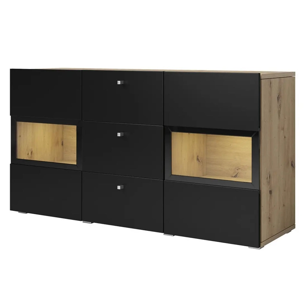 Buffet RAMOS 130 cm – Rovere e nero opaco super – LED multicolore integrate – 2 porte in vetro + 3 cassetti
