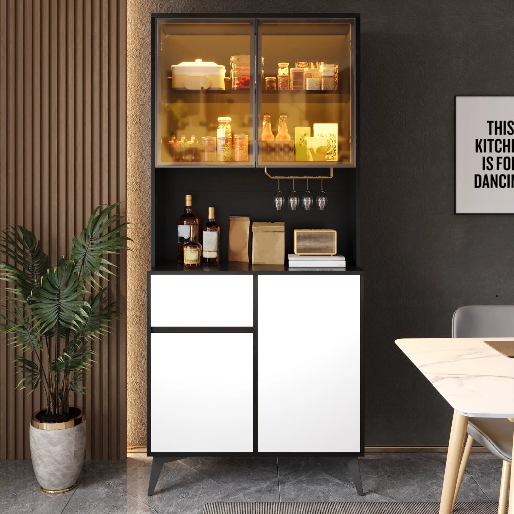 Credenza alta con 2 ante in vetro, LED da app, 1 cassetto e 2 vani, per cucina e soggiorno, MDF, nero e bianco