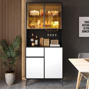 Credenza alta con 2 ante in vetro, LED da app, 1 cassetto e 2 vani, per cucina e soggiorno, MDF, nero e bianco