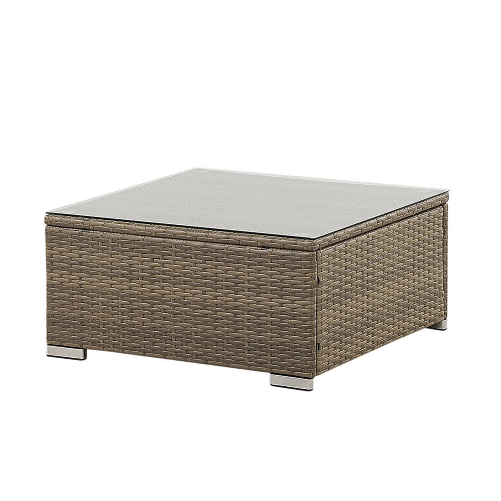 Set salotto esterni Cuscini rattan sintetico marrone Divano angolare modulare 6 persone Tavolino piano vetro temperato Set giardino 7 pezzi